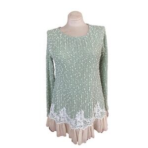 Amitie Sage Green Popcorn Knit Sweater White Lace Floral Tulle Ruffle Hem large